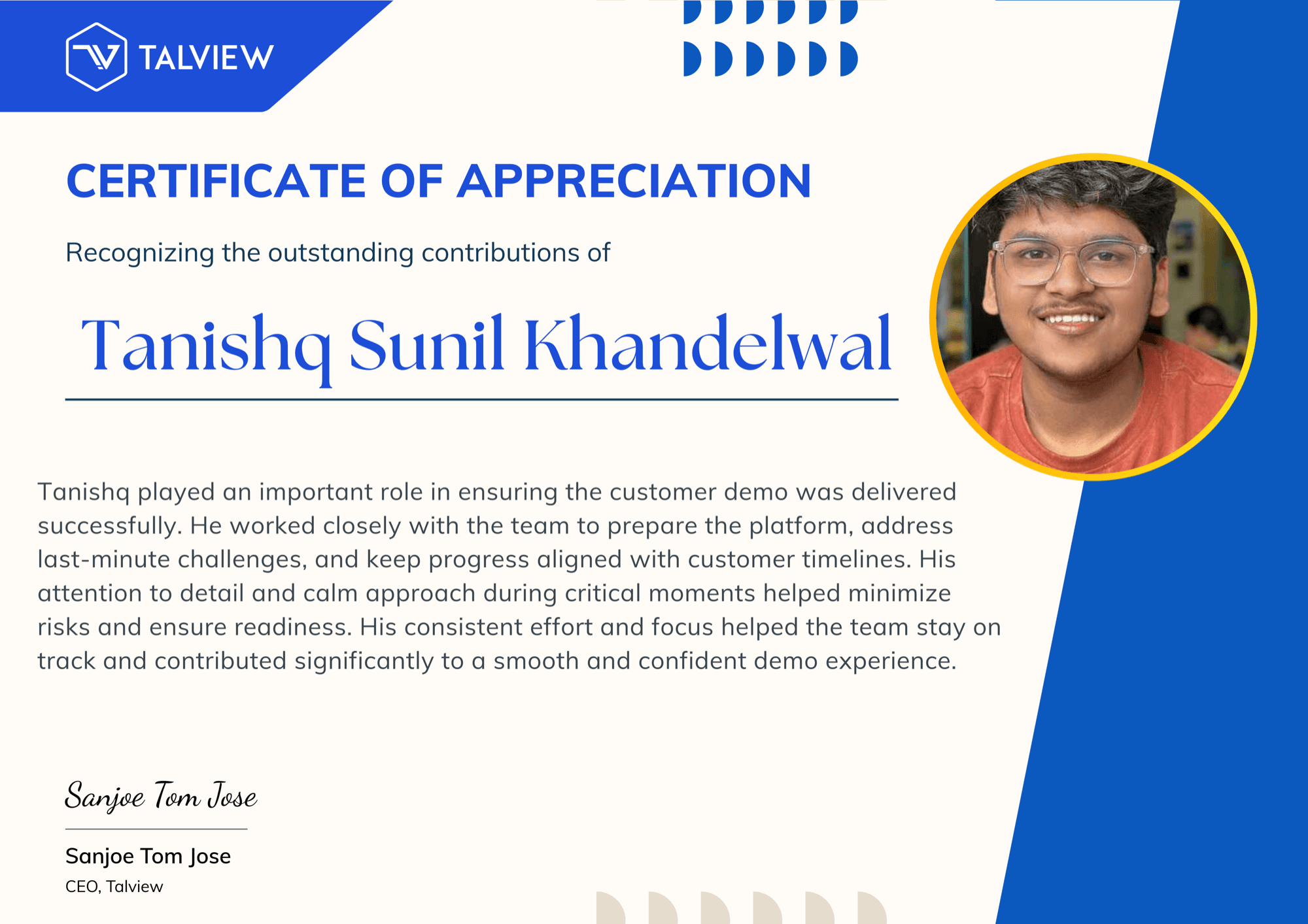 Certificate of Appreciation, Talview